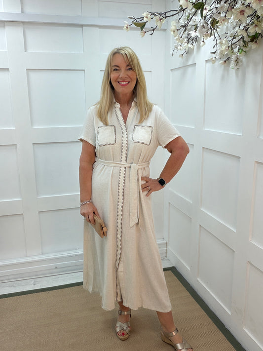 Didi: Cream denim look shirt maxi dress. 3 sizes.