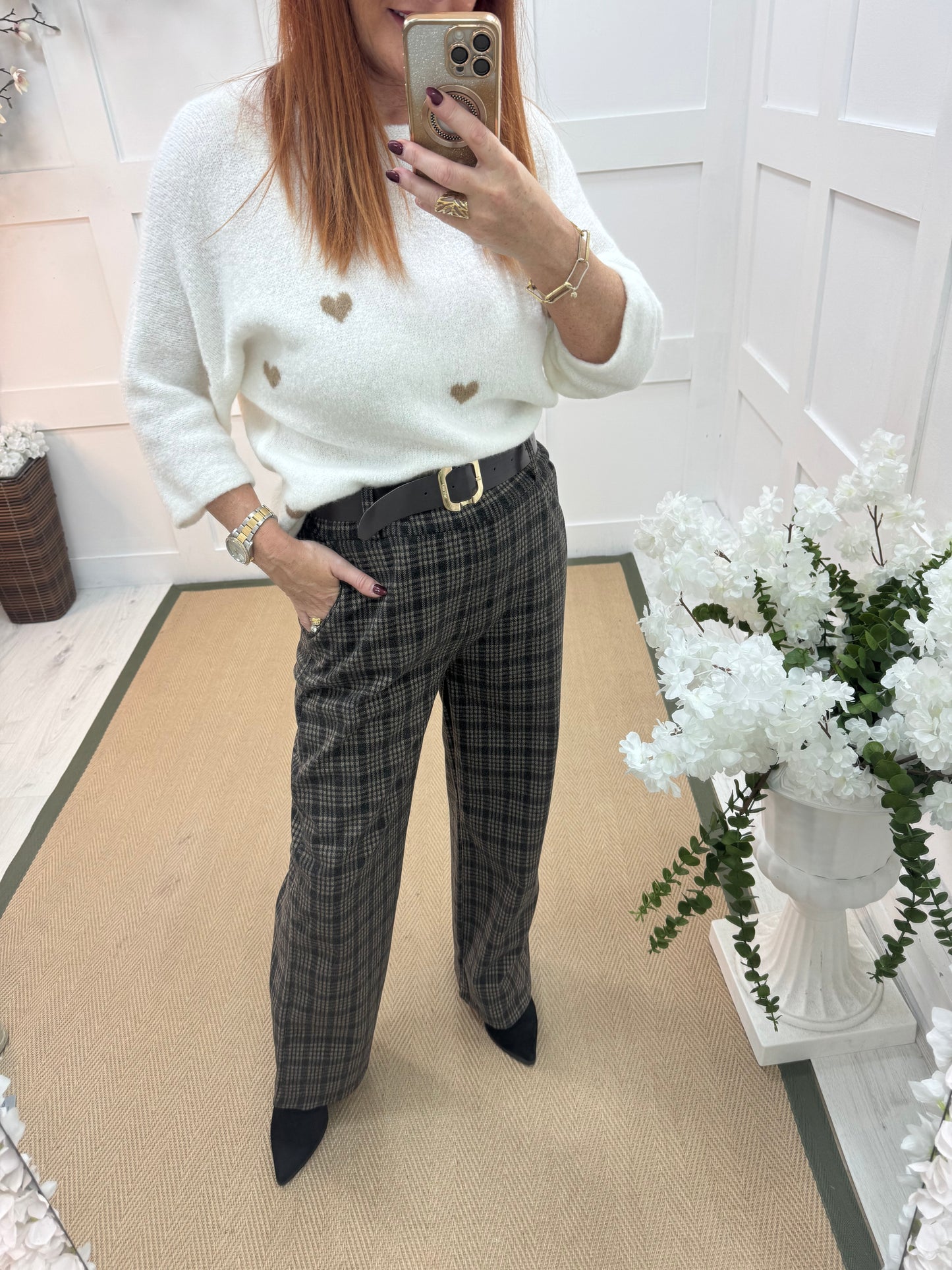 Sofia: Black and cream check trousers. One size 10-14