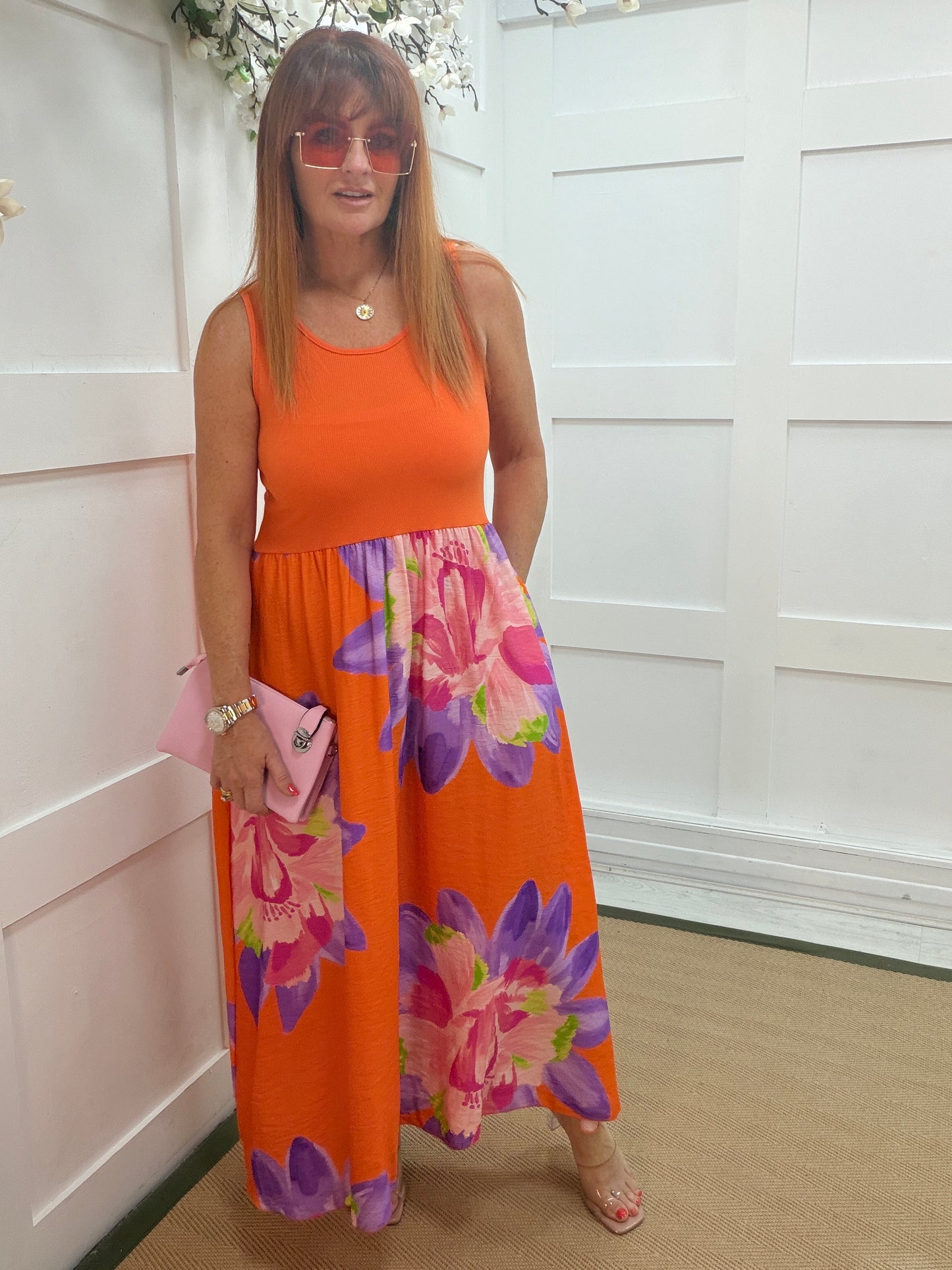 Florrie: Sleeveless floral midi dress. Sizes: 10-16. 3 colours