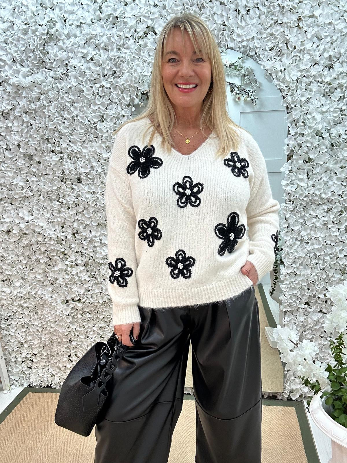 Jasmine: Cream floral knit jumper. Two sizes.