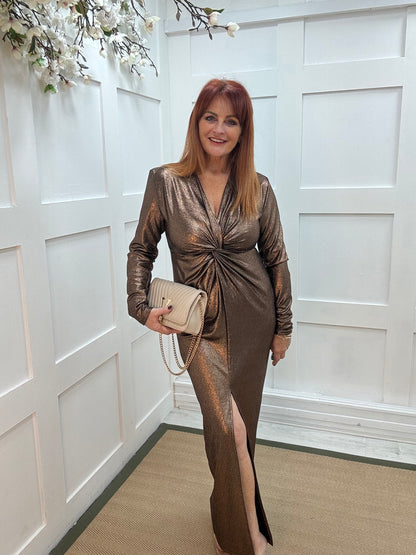 Maya: Bronze metallic twist front bodycon dress. Sizes: 8-14