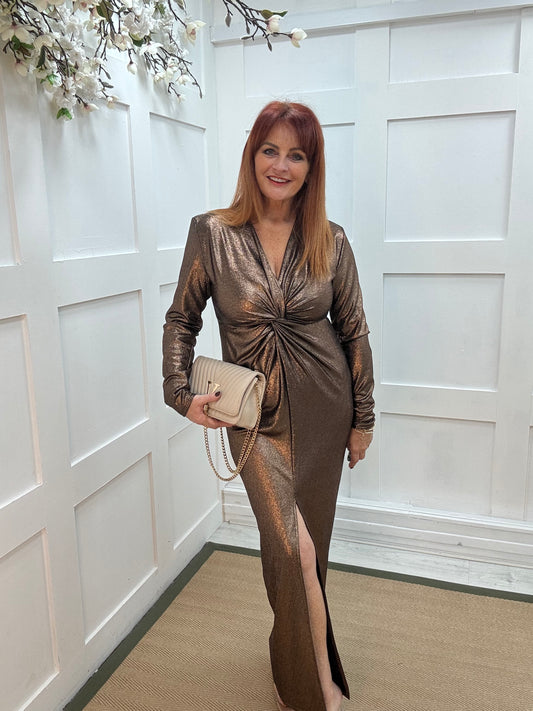 Maya: Bronze metallic twist front bodycon dress. Sizes: 8-14