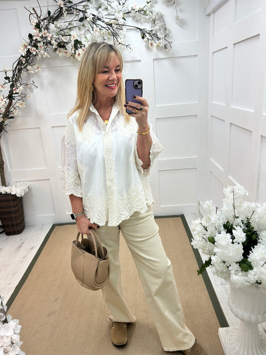 Emily: Cream floral embroidered shirt. One size: 14-20