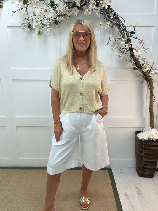 Greta: Gold lurex buttoned cardigan top. One size: 14-20