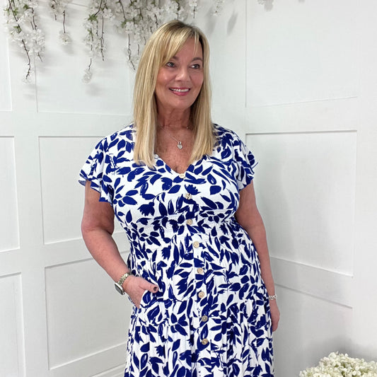 Charley: Blue & White V neck stretchy maxi dress. One size: 10-20