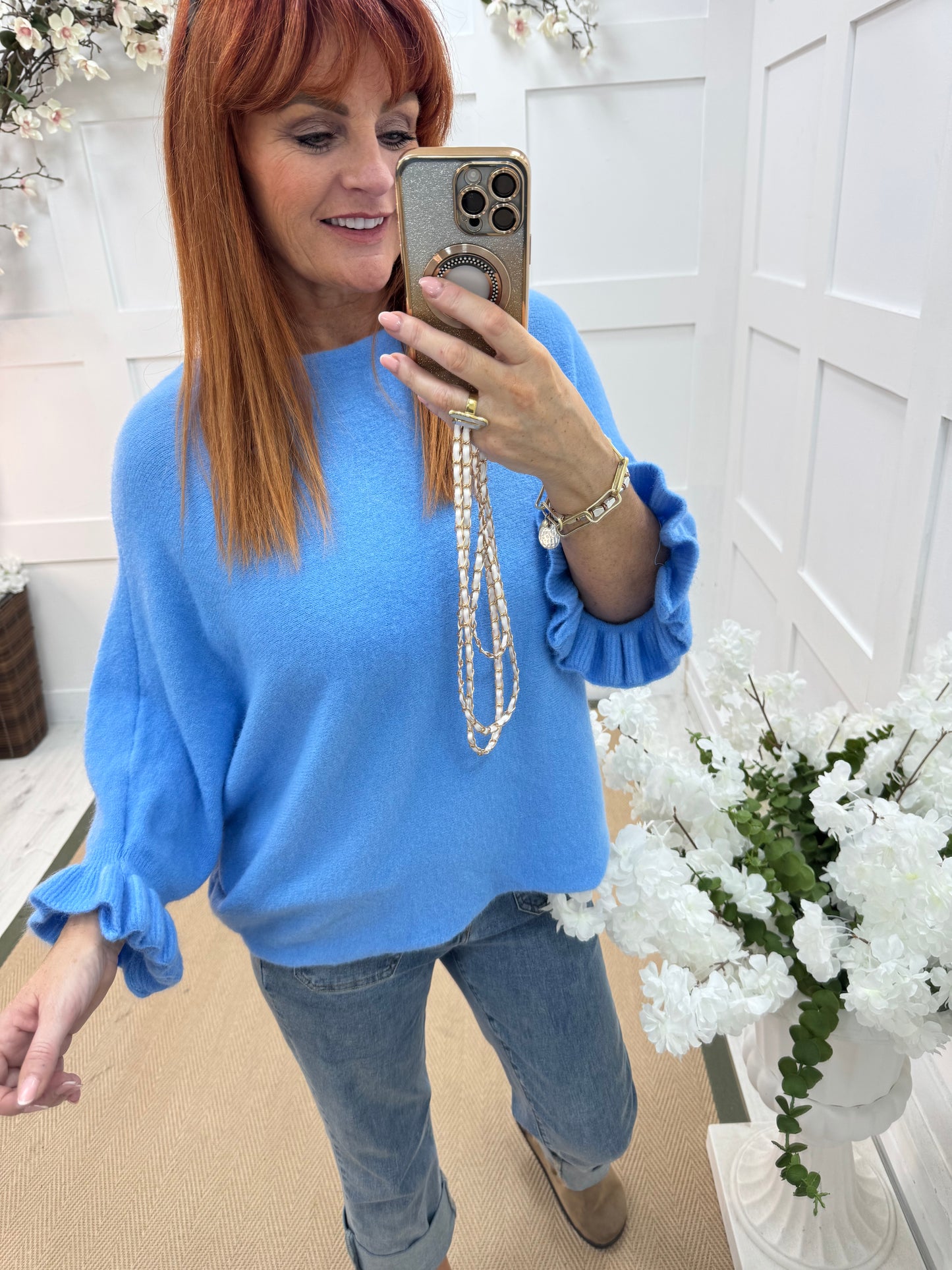 Sierra: Cornflower blue batwing fluted sleeve knitted top. One Size 12-18/20