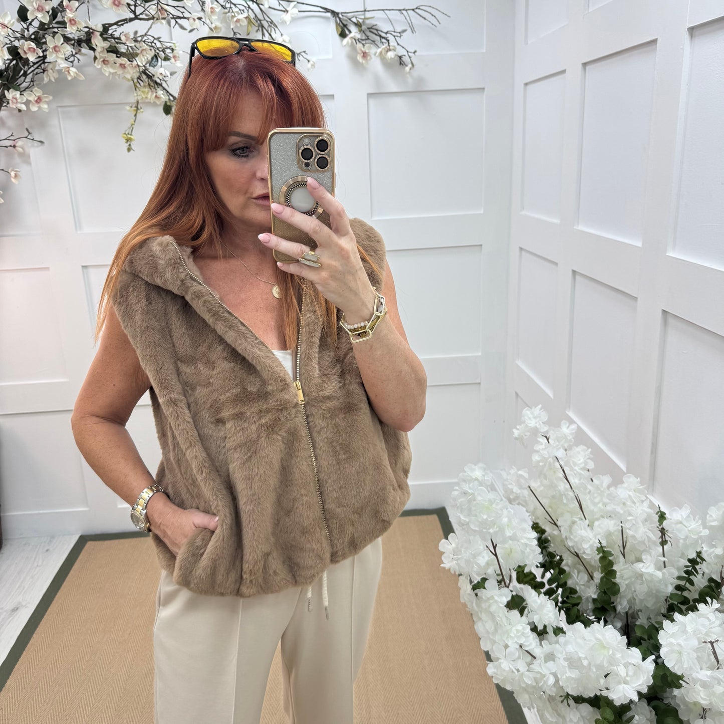 Sophie: Brown faux fur hoodie gilet. One size 12-18