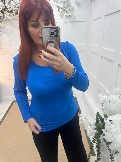 Bessie: Blue basic long sleeve top. One size: 10-16/18