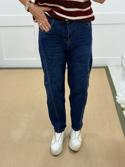 Betty: Mid denim blue barrel jeans. Sizes: 8-18
