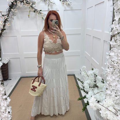 Pearl: Cream cotton tiered maxi skirt dress. One size: 10-16