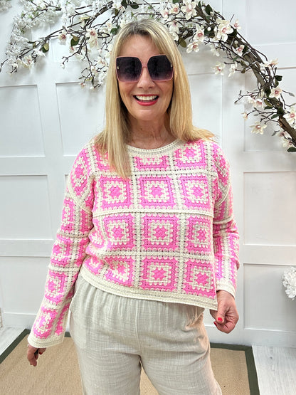 Carly: Pink and cream long sleeve crochet top. One size: 14-18