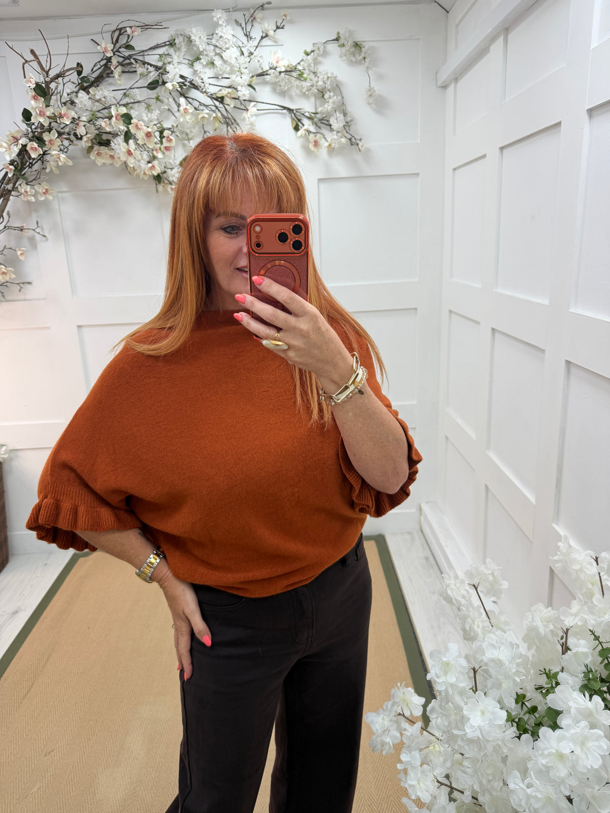 Sierra: Batwing fluted sleeve knitted top. One Size 12-18. Various colours