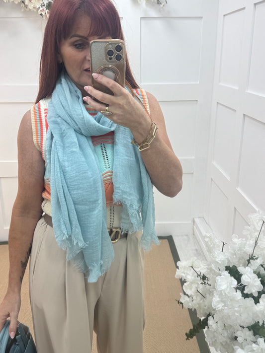Tula: Powder blue long frayed raw edge scarf. One size