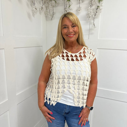Dolly: Cream crochet V vest top. One size: 12-18