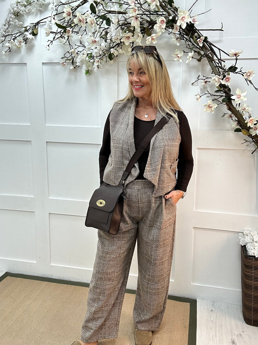 Sloane: Check trouser and waistcoat co-ord set. One size: 16-18