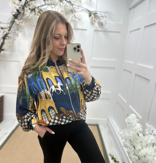 Indigo: Silky Indian inspired print bomber jacket. One size: 12-20