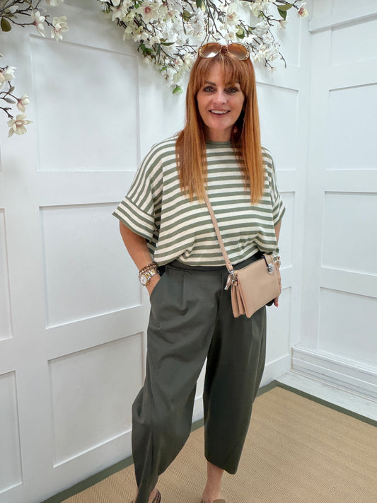 Suki: Short sleeve stripe knit top. One size: 12-18. 2 colours
