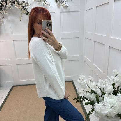 Mindy: White plain long sleeve knit top. One size: 10-16/18