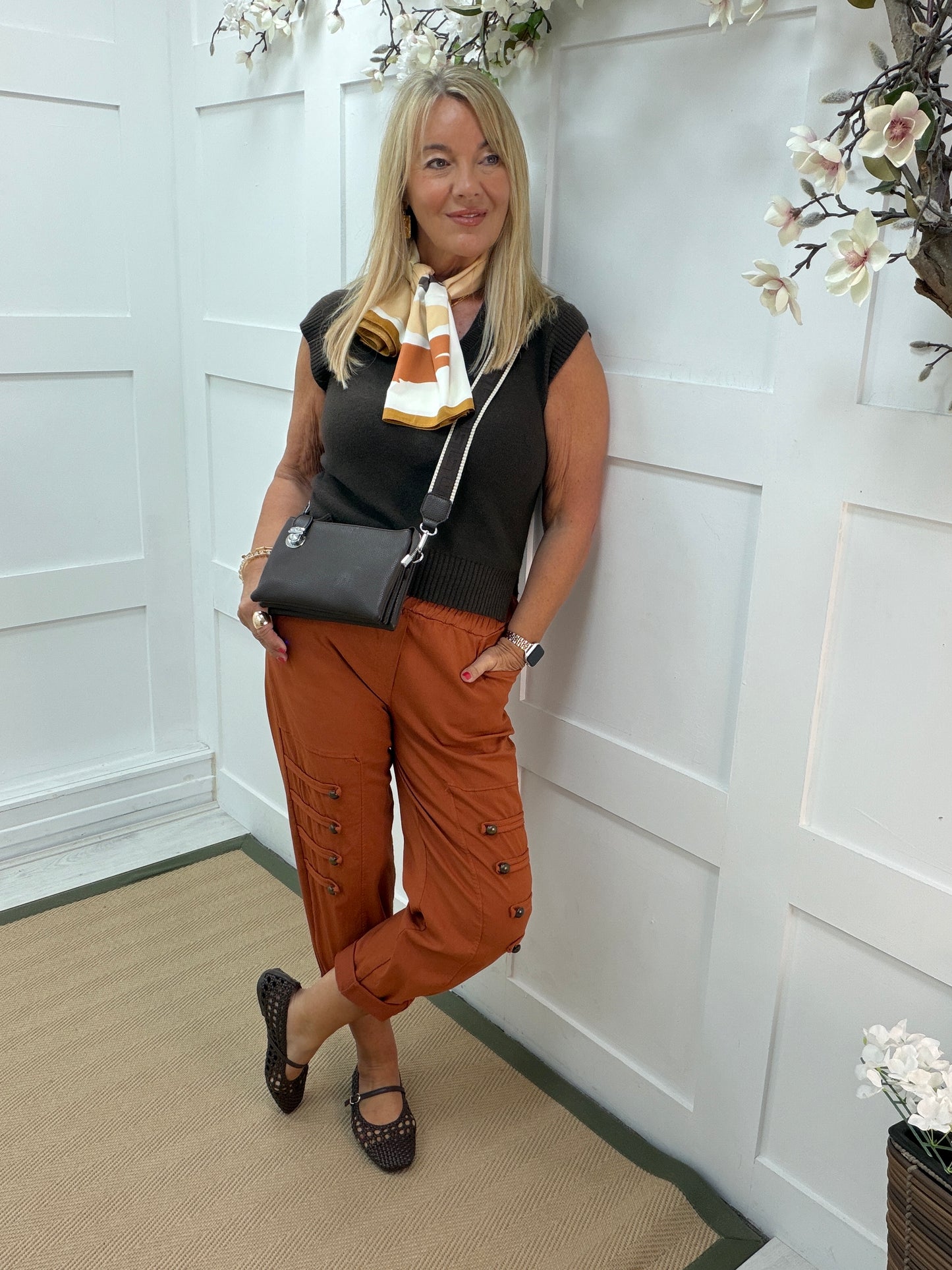 Mika: Stretchy military button detail magic trousers. One size 14-18. 3 colours