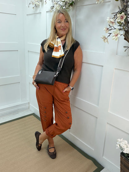 Mika: Stretchy military button detail magic trousers. One size 14-18. 3 colours