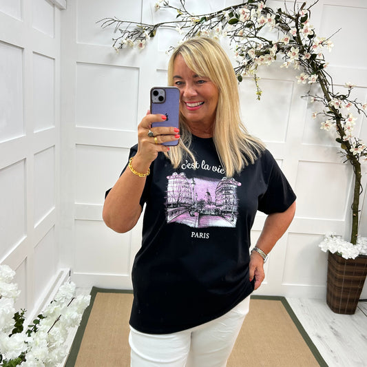 Alma: Black French scene T shirt. 3 sizes