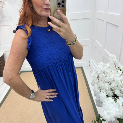 Cara: Blue shirred midi dress. One size 10-18