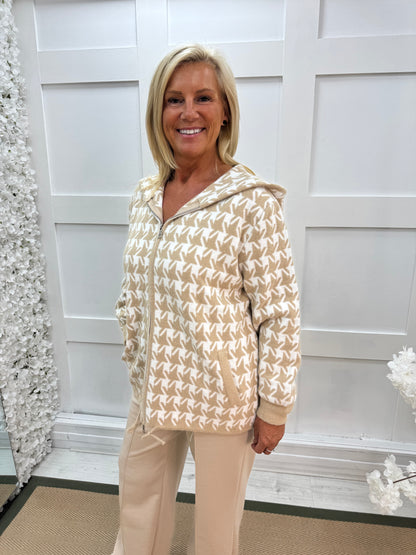 Allegra: Cream hooded zip up coatigan. One size: 12-18