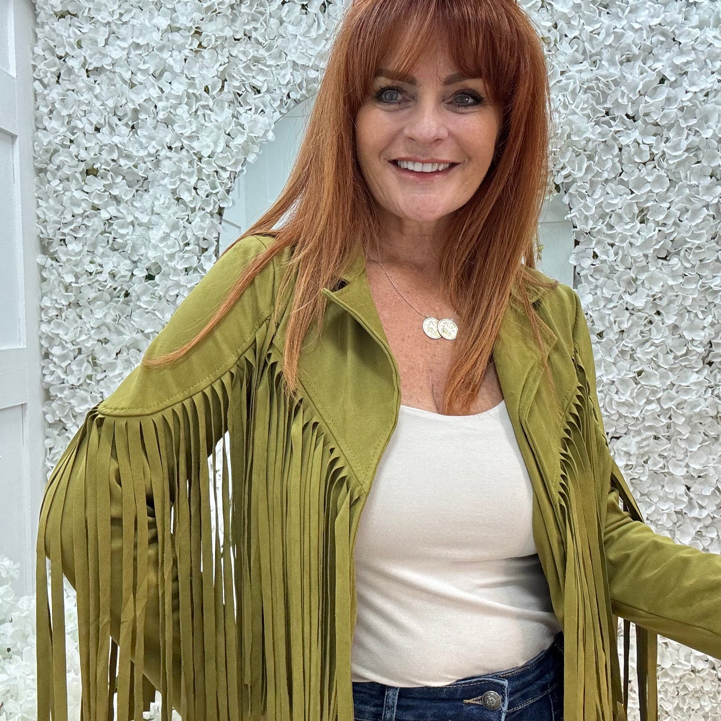Heidi: Green short suede fringe jacket. One size: 8-14