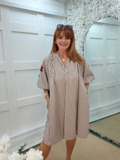 Dina: Stripe & floral embroidered smock dress. One size: 14-20. 2 colours