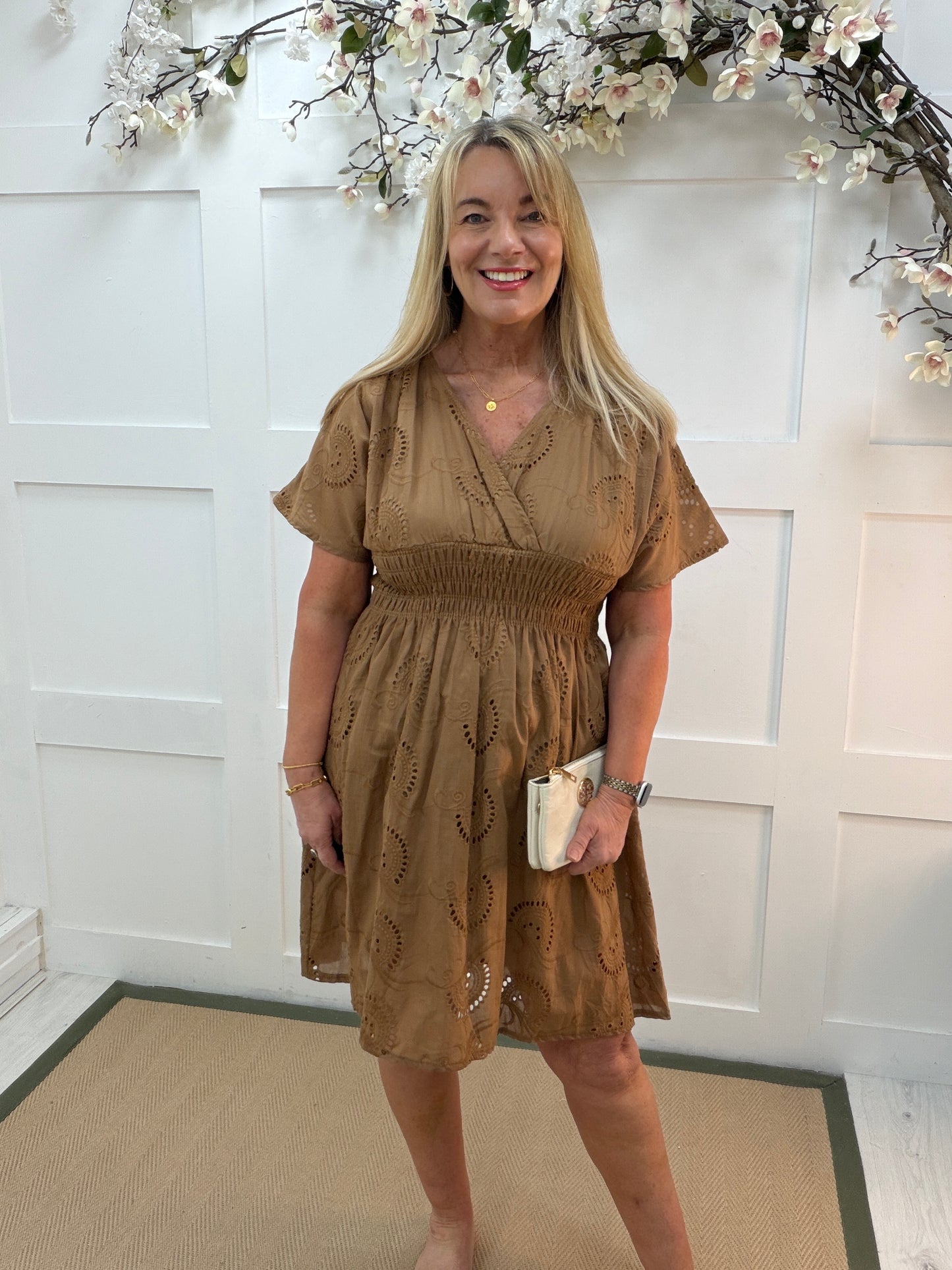 Belinda: Tan broderie anglaise midi dress. One size: 10-16
