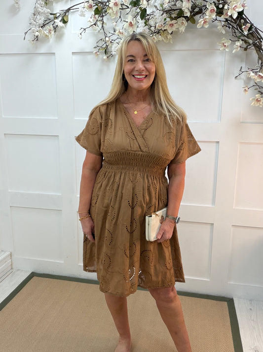 Belinda: Tan broderie anglaise midi dress. One size: 10-16