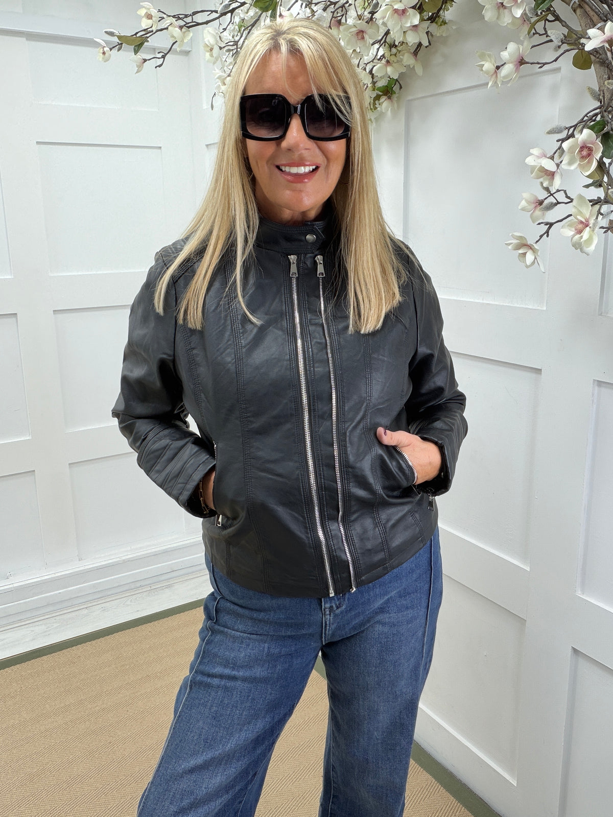 Lacey: Faux leather jacket. Sizes: 10-16. 2 colours