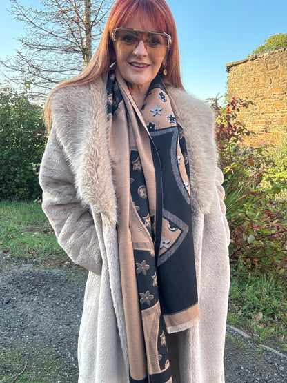 Madeleine: Beige long faux fur coat . One size 12-18