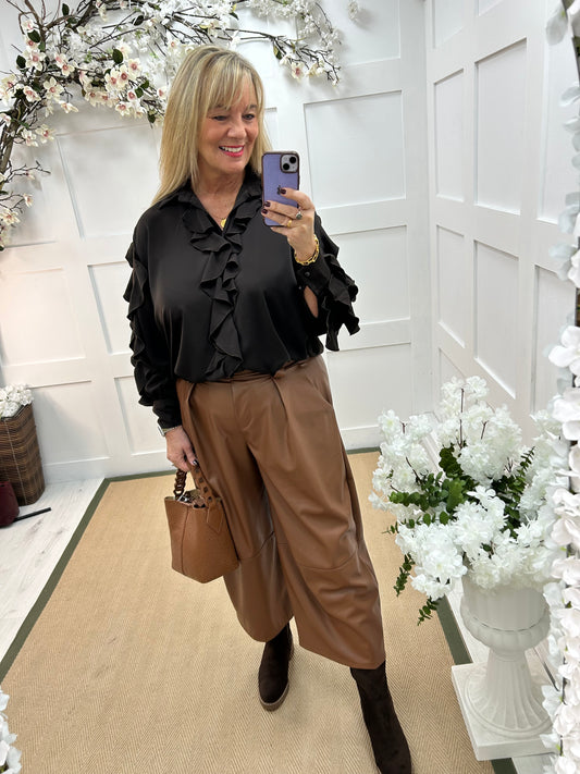 Riley: Brown ruffle blouse. One size 14-20