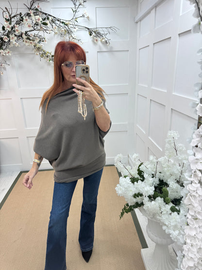 Samantha: Mocha asymmetrical slouch top. One size 10-18