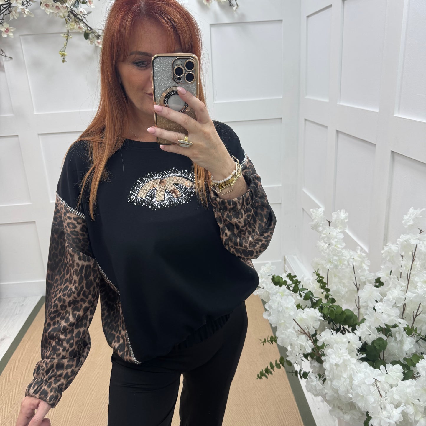 Maya: Black leopard print diamanté logo sweatshirt. One size: 14-18