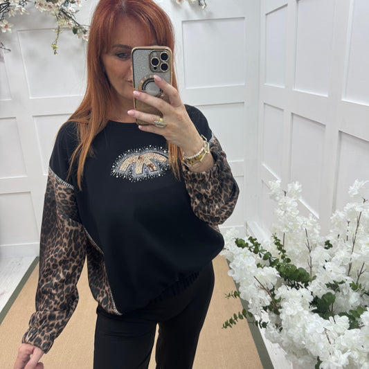 Maya: Black leopard print diamanté logo sweatshirt. One size: 14-18