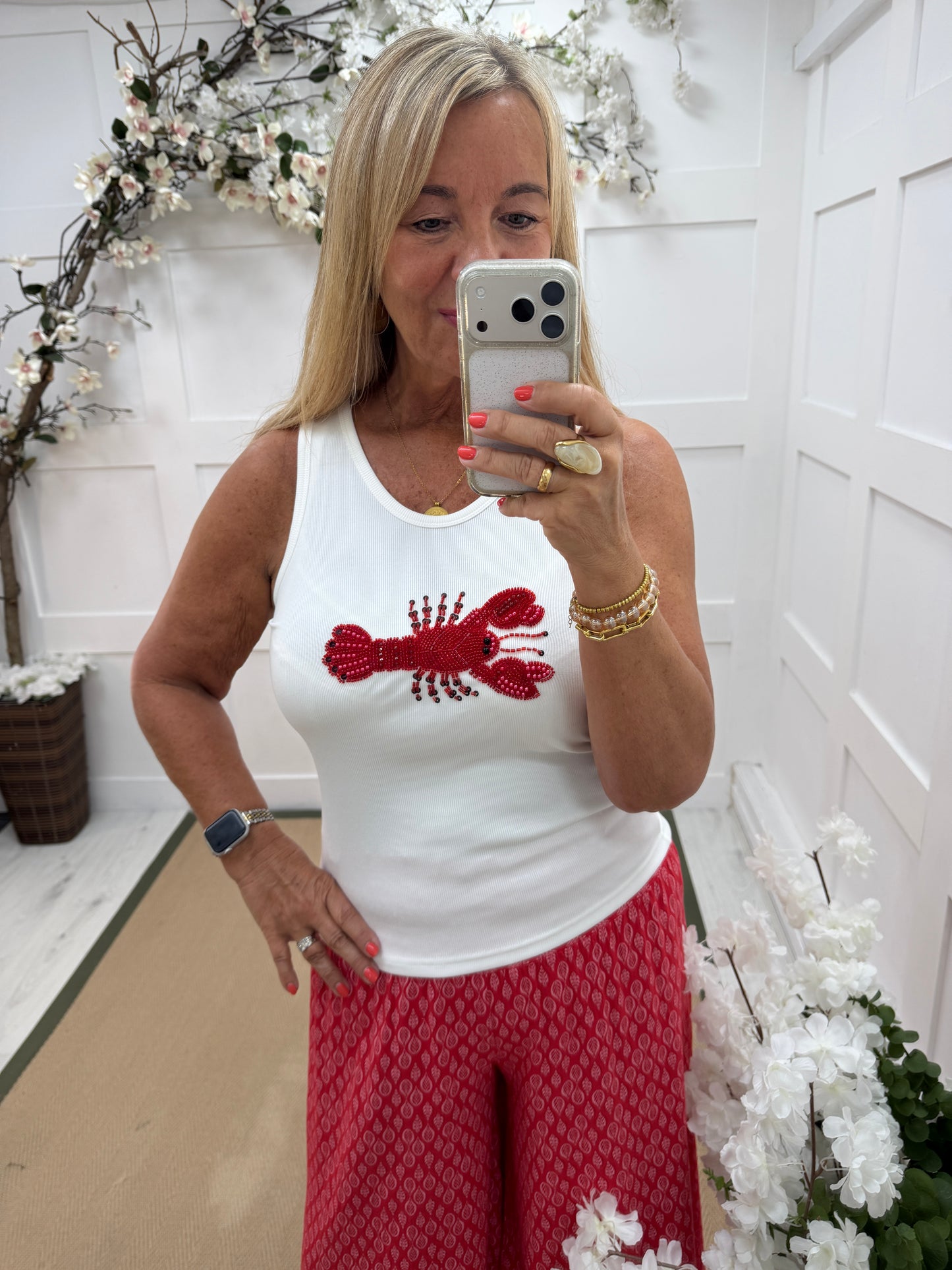 Lara: Red & white beaded lobster tank top. 2 sizes