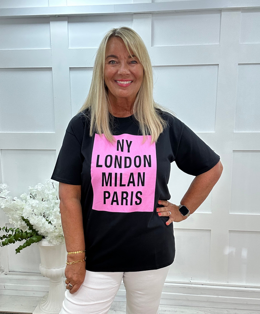 Lisa: Black London New York Paris T shirt. 3 sizes
