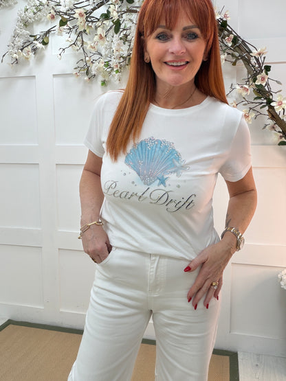 Marina: White & blue diamanté’ shell print T shirt. 2 sizes