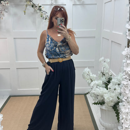 Tiggy: Navy wide leg belted trousers. One size: 10-16