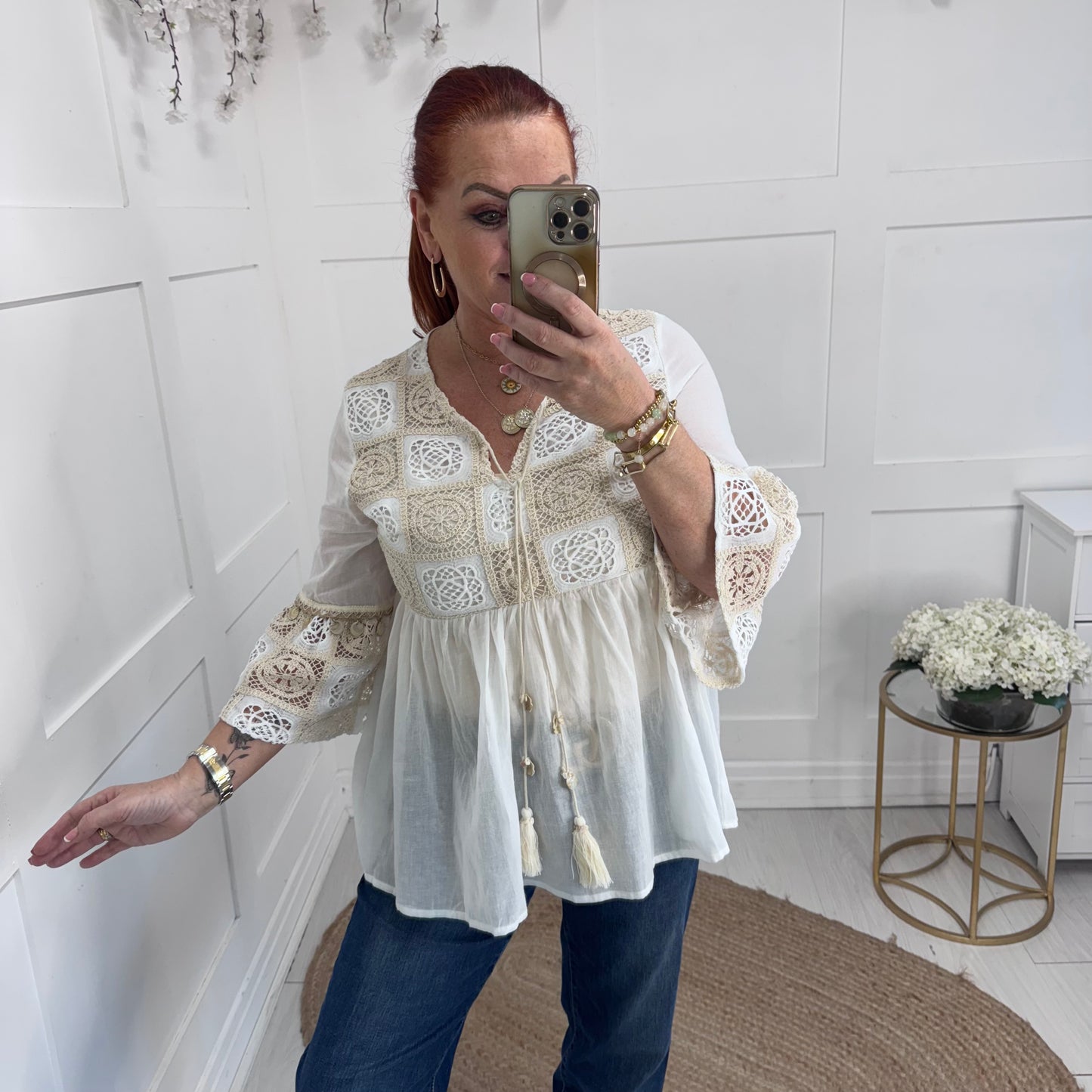 Rosie: Cream crochet & shell smock top. One size: 8-14