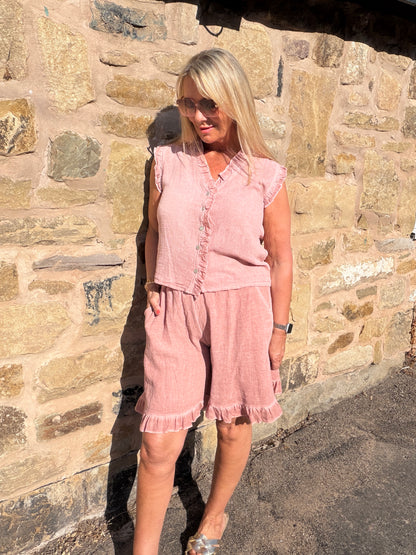 Faith: Hopsack frill button top & shorts set. One Sz: 10-16. 3 colours