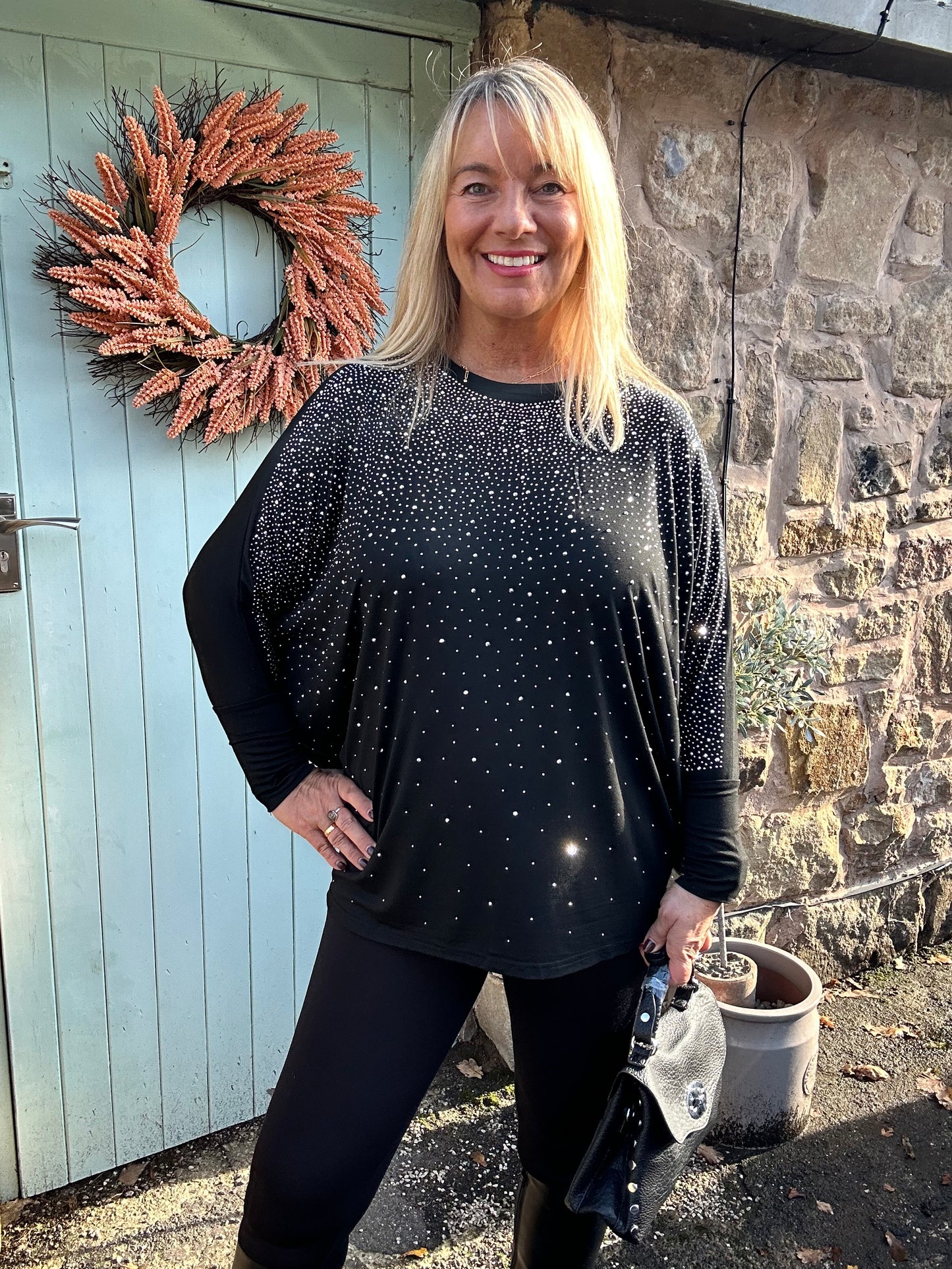 Chrissy: Black & diamanté long sleeve top. One size: 14-22