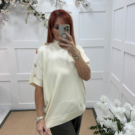 Camille: Cream short sleeve gold button top. One Size 12-20