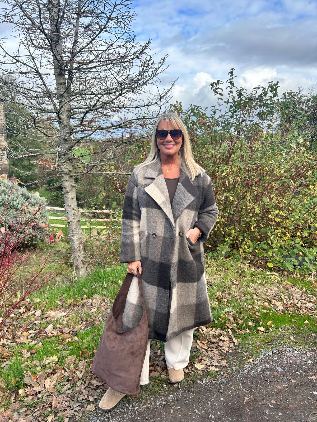 Loxley: Beige & brown check wool coat. One size 12-20