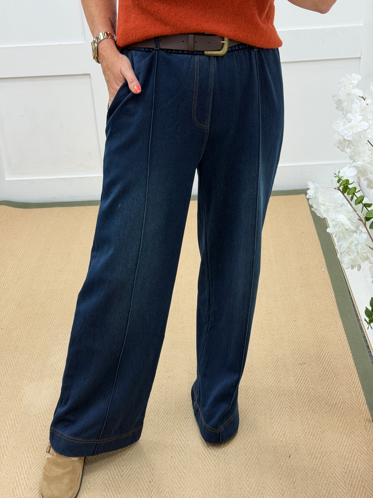 Haven: Dark blue belted jean style trousers. 3 Sizes