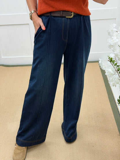 Haven: Dark blue belted jean style trousers. 3 Sizes