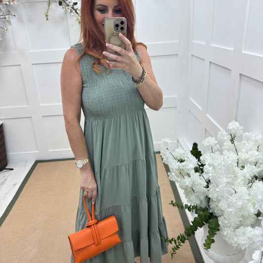 Melody: Khaki shirred midi dress. One size: 12-18