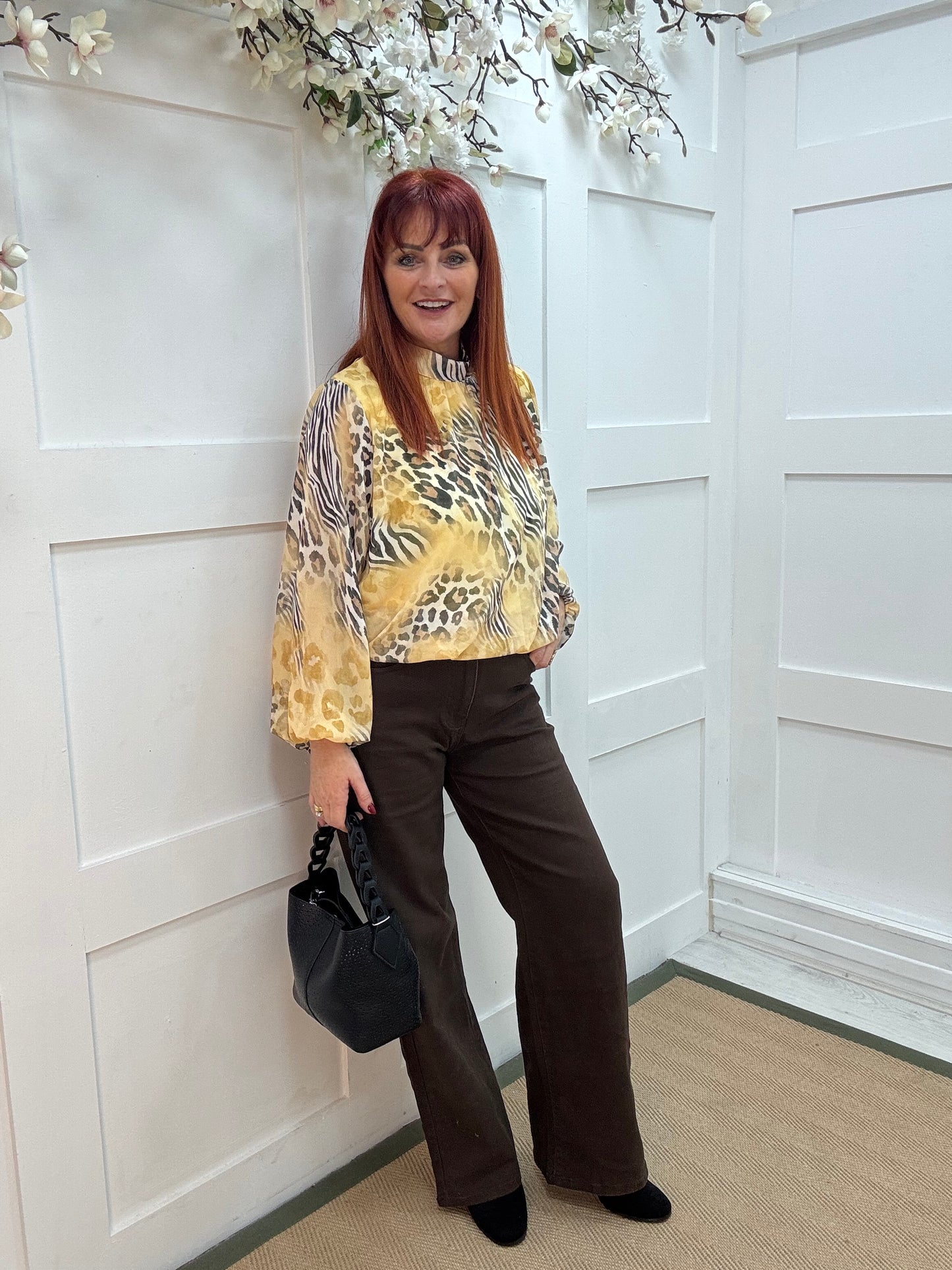 Lydia: Yellow mixed animal print blouse. One size: 10-16